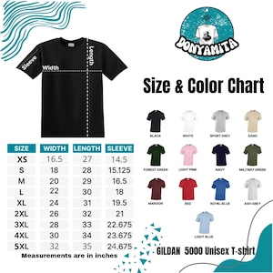 Peut inclure: T-shirt unisexe Gildan 5000 noir avec un tableau des tailles et des couleurs. Le tableau pr&eacute;sente diff&eacute;rentes couleurs et tailles, avec des mesures en pouces. Les tailles de chemise vont de XS &agrave; 5XL.