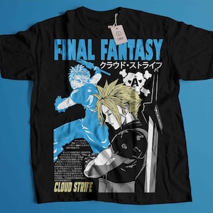 May include: Black t-shirt featuring a graphic design from Final Fantasy. The design includes the text "FINAL FANTASY" in blue, Japanese text, and an illustration of Cloud Strife. A tag on the shirt reads "LARGE".