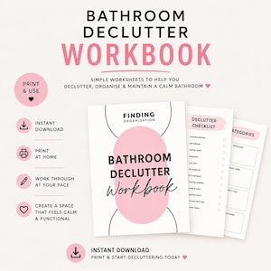 Könnte beinhalten: Ein Badezimmer-Aufräum-Arbeitsbuch mit weißem Einband, rosa ovaler Grafik und schwarzem Text. Das Arbeitsbuch enthält eine Checkliste und Kategorienseiten. Symbole zeigen Funktionen wie Sofort-Download, Ausdrucken zu Hause und Arbeitstempo.