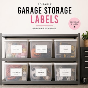 May include: Editable garage storage labels printable template featuring white rectangular stickers with black text. Labels include categories like Easter, Halloween, Tools, Electrical, Sports, and Plumbing, applied to clear plastic storage bins.