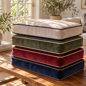 May include: A stack of four rectangular velvet cushions in beige, olive green, deep red, and navy blue. Each cushion features contrasting piped edges, with the beige cushion having navy piping and the others having light-colored piping.