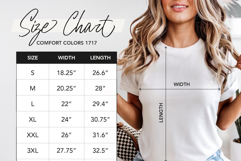 The image is a size chart for a white t-shirt, showing the measurements for different sizes. The chart includes a woman posing next to the chart, and there is a table with the size and corresponding width measurements.