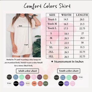 The image is a collage of two photos. The first photo shows a person wearing a white t-shirt, and the second photo shows a person wearing a large white t-shirt. The collage includes a size chart for the t-shirt, indicating the measurements for different age groups, and a color chart with various color options for the t-shirt.