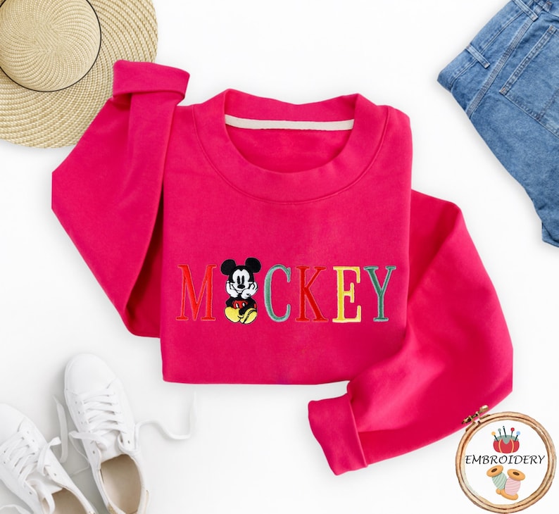 Retro Disney Mickey Threaded Embroidery Pullover, Mickey Mouse Embroidered Hoodie, Disney Character Embroidered Sweatshirt, Cute Unisex Gift image 3