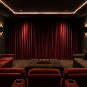 May include: A home theater room featuring rows of plush red velvet seating with integrated cup holders, a large central dark brown tufted ottoman, and floor-to-ceiling deep red curtains covering the front wall, illuminated by soft wall sconces.