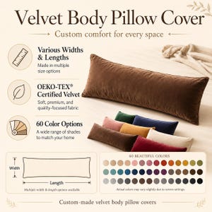 Op de afbeelding: Een bruine fluwelen lichaamskussenhoes met een selectie van 60 kleuren. De afbeelding bevat de tekst "Velvet Body Pillow Cover" en "Custom comfort for every space."