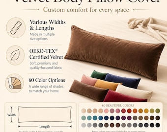 Velvet Body Pillow Cover, Custom Long Lumbar Pillow Case, OEKO-TEX Velvet Cushion Cover, Bed Sofa Decor, 60 Colors, Cozy Bedding