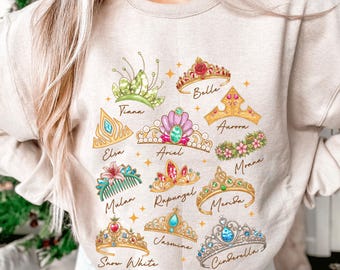 Disney Princess Crown Sweatshirt, Tiara Pullover with Belle Ariel Cinderella Jasmine Design, Magical Princess Sweater, Gift for Disney Fans