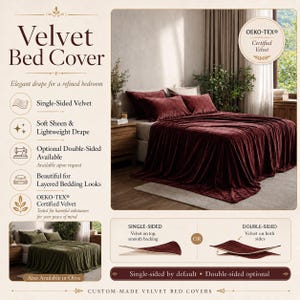 Pode incluir: Um conjunto de capa de cama de veludo bordô em uma cama, com travesseiros combinando. A imagem também mostra uma imagem menor de uma capa de cama verde oliva. O texto diz "Velvet Bed Cover" e "Single-Sided Velvet".