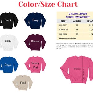 The image is a color/size chart for a youth sweatshirt, displaying various color options and corresponding measurements.
