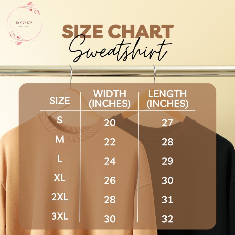 a size chart for a sweatshirt, with the sizes ranging from S to M, L, XL, 2XL, 3XL, and XXL. The chart provides the corresponding width (inches) and length (inches) for each size.