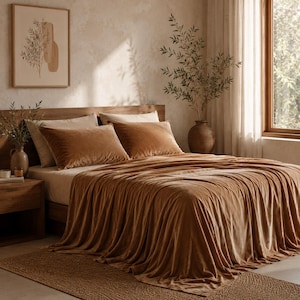 May include: A plush, solid-colored velvet bedspread in a warm, earthy brown tone, draped over a bed with two matching rectangular velvet pillows. The bedding set features a soft, textured fabric finish that covers the mattress and pillows.