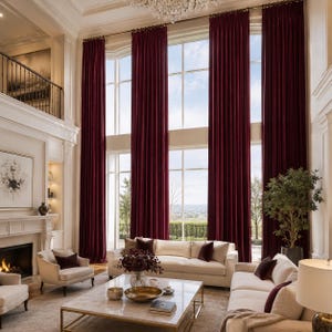 May include: Floor-to-ceiling deep red velvet curtains hang on a gold rod in a living room with high ceilings. The room features white walls, a marble coffee table, cream-colored sofas, armchairs, a fireplace, and a large window with a view.