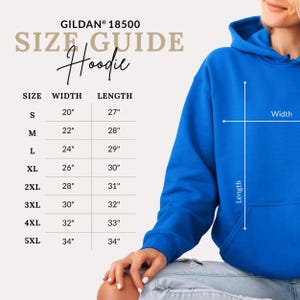 A person wearing a blue hoodie is shown in the image, with a size guide for the hoodie displayed next to them.