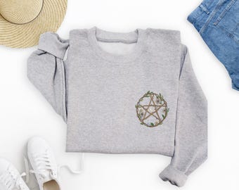 Witchy Pentacle Crewneck Sweatshirt, Pagan Moon Star Embroidery, Boho Spiritual Top, Wiccan Fall Sweater, Celestial Nature Shirt, Cute Gift