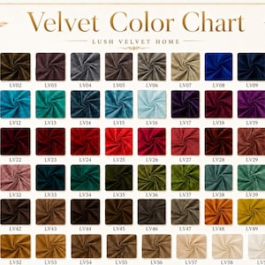 May include: A Velvet Color Chart by Lush Velvet Home featuring 59 square fabric swatches in various colors, each labeled with a code from LV01 to LV59. The grid displays a wide range of hues including blacks, blues, reds, greens, and neutrals.
