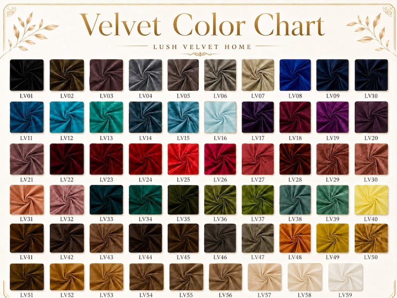 May include: A Velvet Color Chart by Lush Velvet Home featuring 59 square fabric swatches in various colors, each labeled with a code from LV01 to LV59. The grid displays a wide range of hues including blacks, blues, reds, greens, and neutrals.