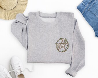 Witchy Pentacle Crewneck Sweatshirt, Pagan Moon Star Embroidery, Boho Spiritual Top, Wiccan Fall Sweater, Celestial Nature Shirt, Cute Gift
