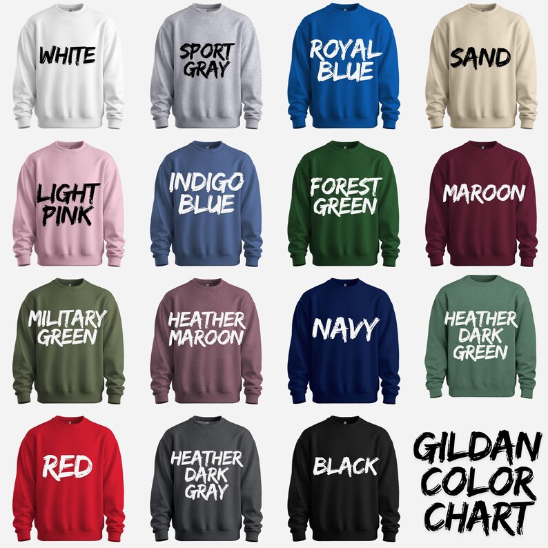 a collection of 12 different sweatshirts, each with a unique color and design, arranged in a grid pattern.