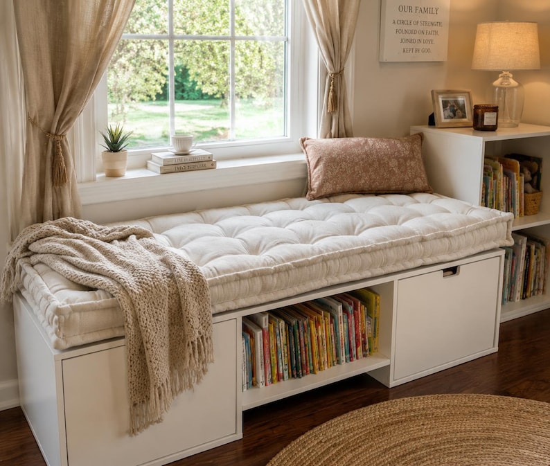 May include: A white rectangular storage bench featuring a tufted off-white cushion on top, a beige knit throw blanket draped over one side, and open shelving filled with books. The bench includes two closed storage compartments with handles.