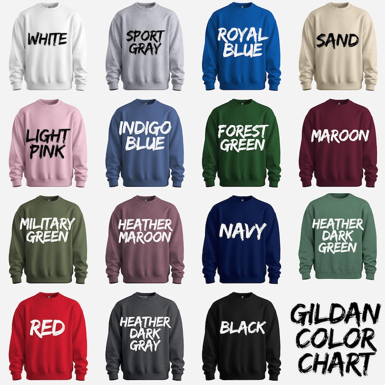 a collection of 12 different sweatshirts, each with a unique color and design, arranged in a grid pattern.