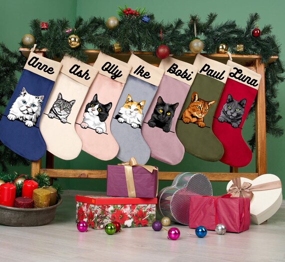 Personalized Christmas Cat Stockings With Name, Christmas Velvet Stockings, Christmas Decor, Perfect Xmas Gift, 1 Stocking