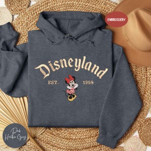 A gray hoodie with the text "Disneyland EST. 1955" and a Minnie Mouse embroidered on it, along with a straw hat and a woven mat in the background.