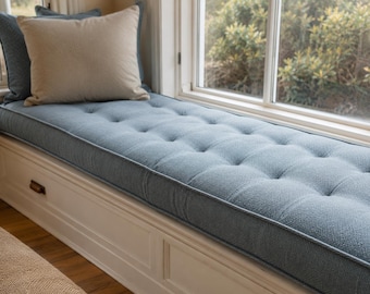 Custom French Cushion, Window Seat Cushion, Polyester Linen Bench Cushion, Tufted Reading Nook Cushion, Custom Size Upholstery Cushion