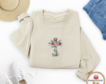 Floral Cross Embroidered Sweatshirt, Faith Embroidery Thread Christian Jumper, Spiritual Outfit, Cozy Christian Tee, Religious Gift for Her