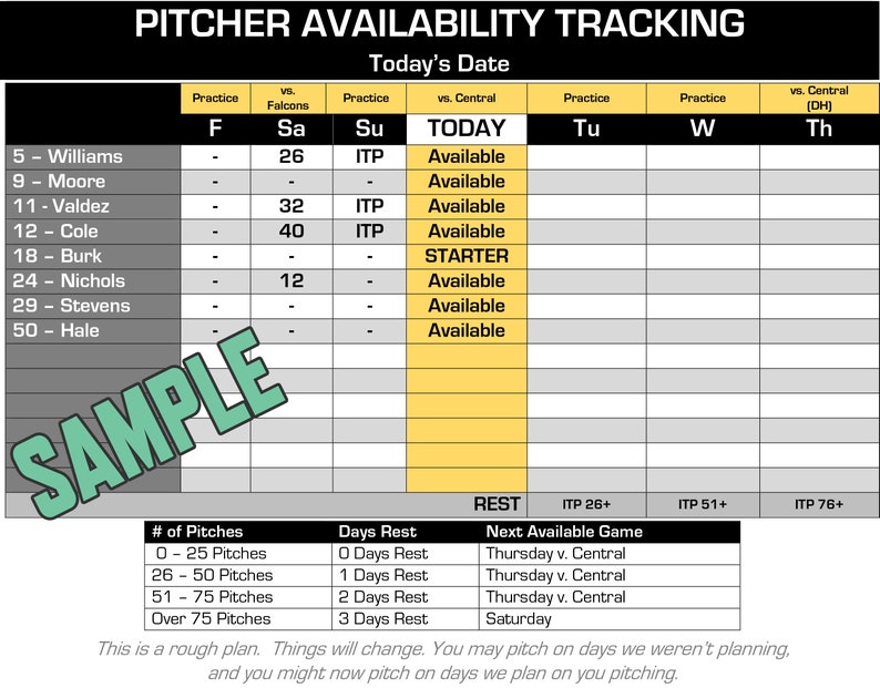 Pitching Practice Tracker Pitcher Availability Tracker (baseball Digital Print) - Etsy