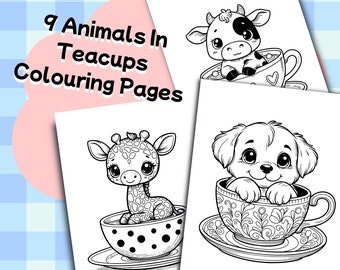 Animals In Teacups Colouring Pages - 9 Cute Children's Colouring Pages for Kids and Adults to Colour | Digital Download Printable