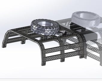 May include: A black metal truck bed rack with a spare tire mounted on top. The rack has a grid pattern and is designed to hold cargo.