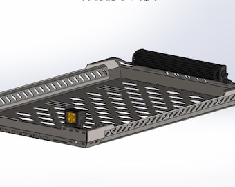 May include: A metal truck bed rack with a diamond plate design and two square LED lights. The rack has a black light bar mounted on the back.