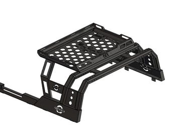 May include: Black metal truck bed rack with a mesh platform and side rails. The rack is designed to fit a pickup truck bed and has a "TRIFECTA" logo on the side.