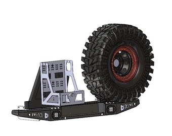 May include: A black metal bumper with a tire carrier and a spare tire. The tire carrier is made of metal and has a black powder coat finish. The spare tire is a large off-road tire with a black tread and a silver rim.