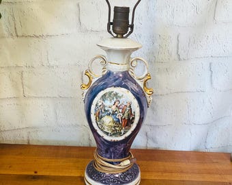 Vintage lamp with Victorian scene, pearly purple glaze