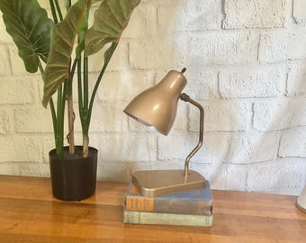 Vintage 1960s midcentury brown metal gooseneck lamp, small desk lamp