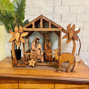 Vintage unique heavy wooden Nativity Scene