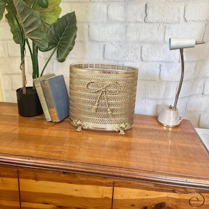 Vintage midcentury Hollywood regency gold filigree oval waste basket trash can, separate lucite liner