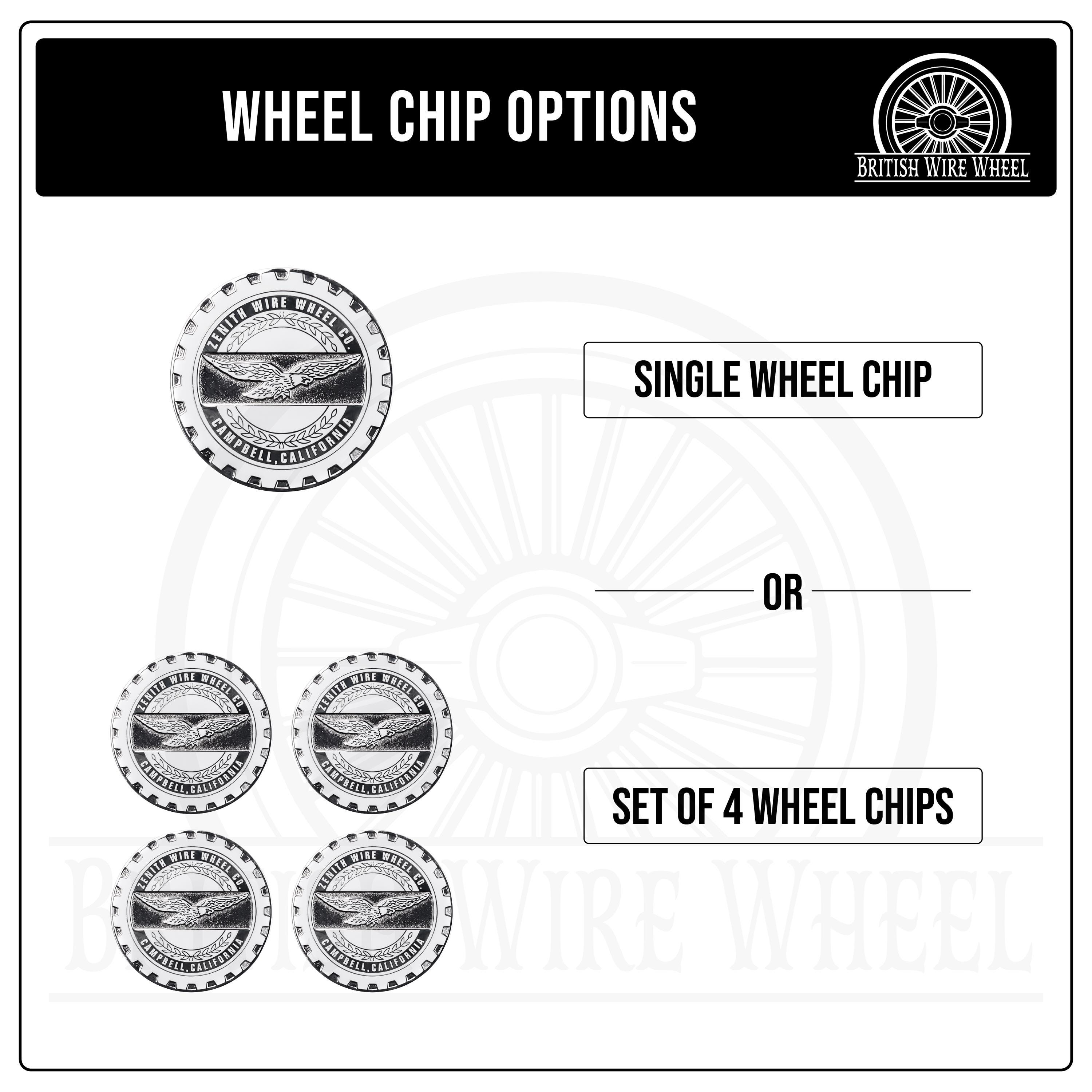 Zenith Chrome and White Metal Wire Wheel Chip Emblems (2.25
