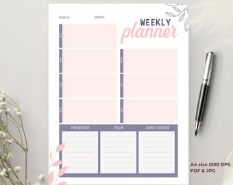 Undated Weekly Planner | PDF Printable for Work, Home & Study