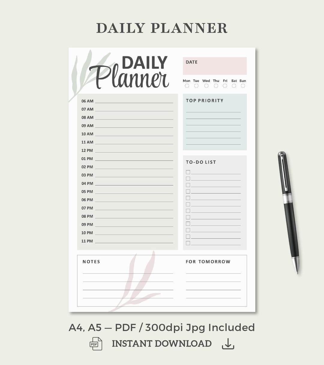 Botanical Daily Planner | Instant Digital Download | A4/A5 300 DPI PDF ...