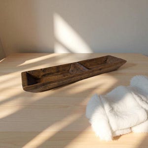 Aura Extra Long Rustic Dough Bowl – Hand-Carved Wood Table Decor | Baguette-Style Centerpiece Bowl | Farmhouse Shelf Styling | Reusable