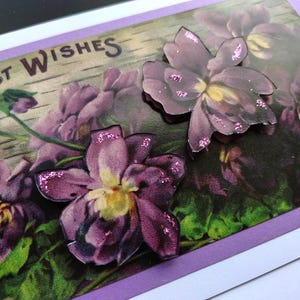 Birthday Card Featuring Vintage postcard beautiful purple violet flowers.