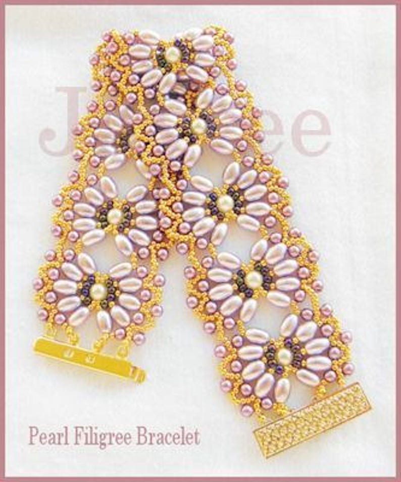 Beading Tutorial Pearl filigree bracelet Netting stitch Oval pearl patterns image 1