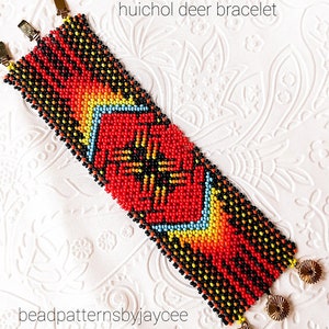 May include: A colorful beaded bracelet with a geometric pattern in shades of red, yellow, black, and blue. The bracelet is made with small beads and has a clasp closure. The bracelet is labeled "huichol deer bracelet".