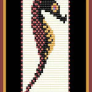 May include: A beaded pattern of a sea dragon with a black, red, and yellow color scheme. The pattern is framed by a border of black, red, and yellow beads. The text "Sea Dragon" is at the top of the image and "jayceeepatterns" is at the bottom.