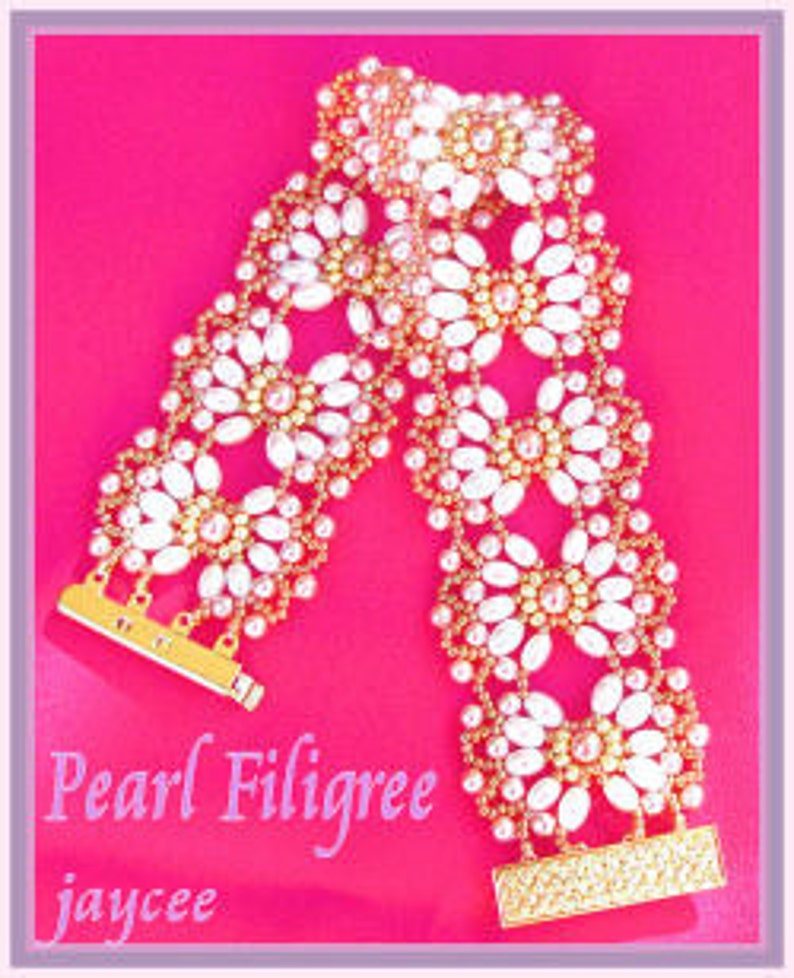 Beading Tutorial Pearl filigree bracelet Netting stitch Oval pearl patterns image 2