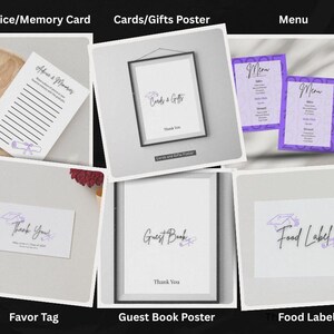Pode incluir: Uma colagem de artigos de papelaria com tema de formatura. Inclui um cart&atilde;o de conselhos, um p&ocirc;ster emoldurado "Cart&otilde;es e presentes", dois menus com bordas roxas, uma etiqueta de lembrancinha, um p&ocirc;ster de livro de visitas e um r&oacute;tulo de comida. Todos os itens apresentam um gr&aacute;fico de chap&eacute;u de formatura.