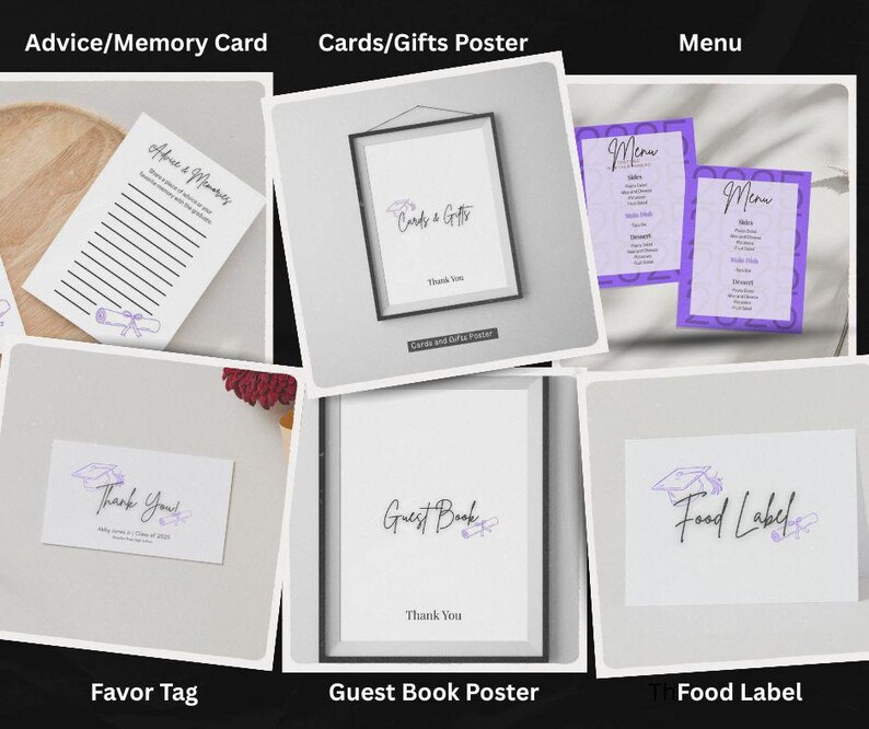Pode incluir: Uma colagem de artigos de papelaria com tema de formatura. Inclui um cart&atilde;o de conselhos, um p&ocirc;ster emoldurado "Cart&otilde;es e presentes", dois menus com bordas roxas, uma etiqueta de lembrancinha, um p&ocirc;ster de livro de visitas e um r&oacute;tulo de comida. Todos os itens apresentam um gr&aacute;fico de chap&eacute;u de formatura.